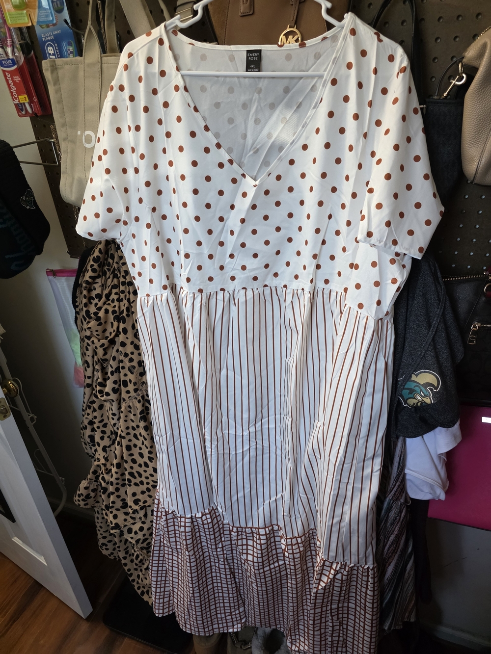 SHEIN White Maxi Dress with Rust Polka Dots & Stripes